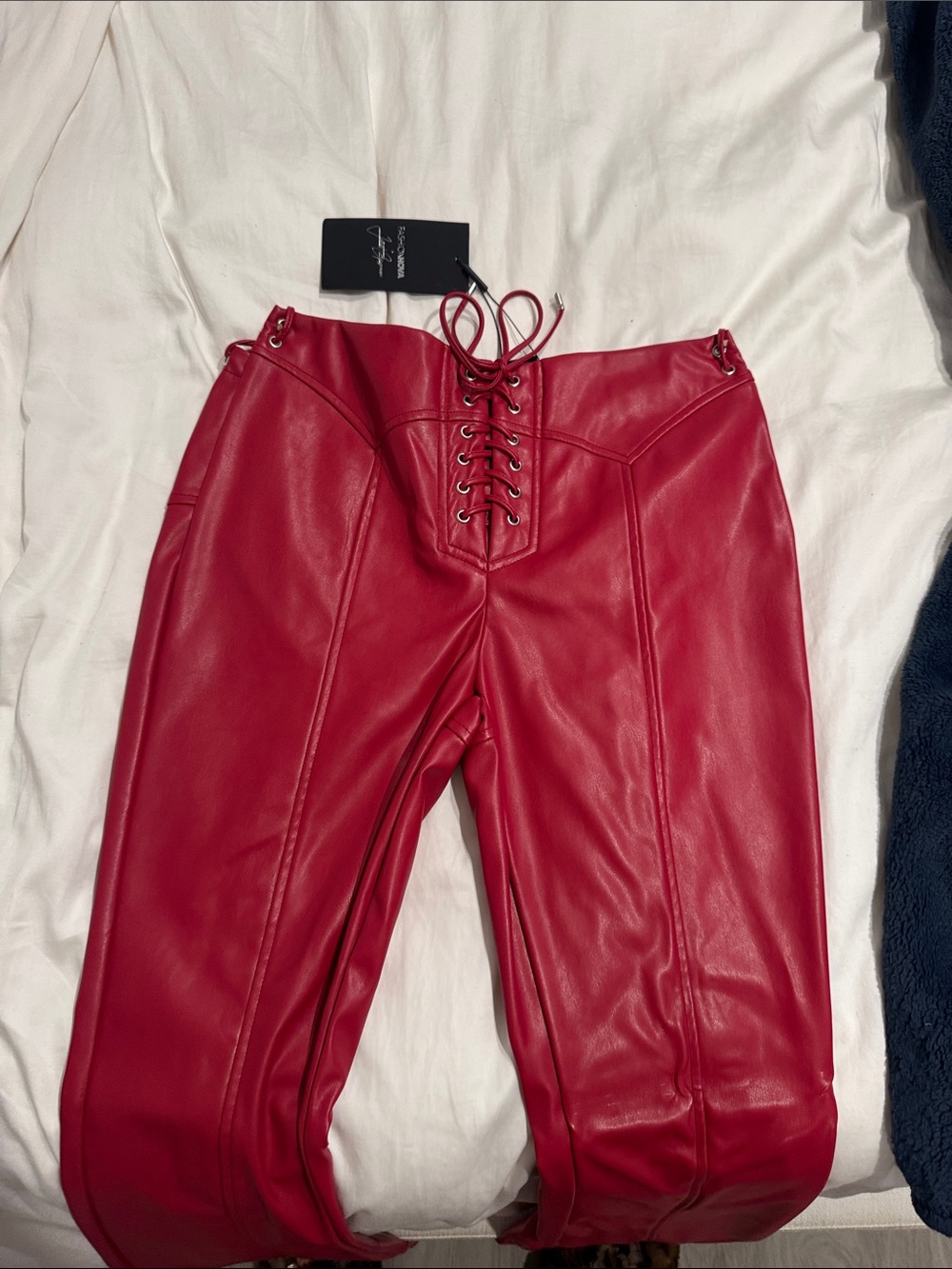 Red Faux Leather Lace-Up Bottoms